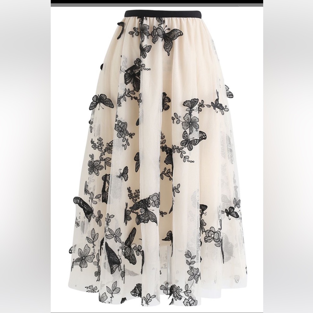 Dreamy Light Cream and Black Floral and Butterfly Skirt (Full Length/Long)